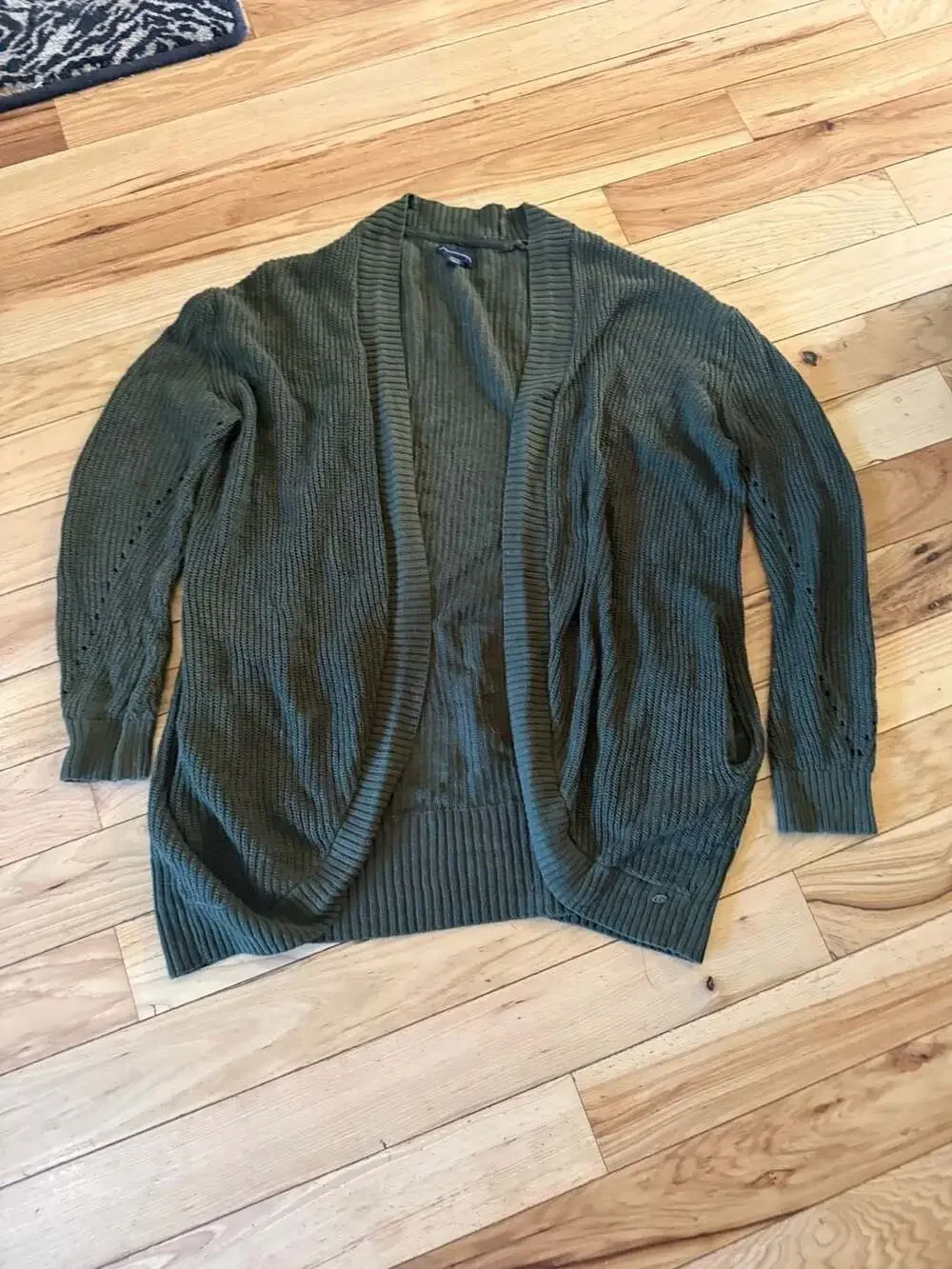 American Eagle Outfitters Green Open Front Ribbed Cardigan Sweater with Pockets